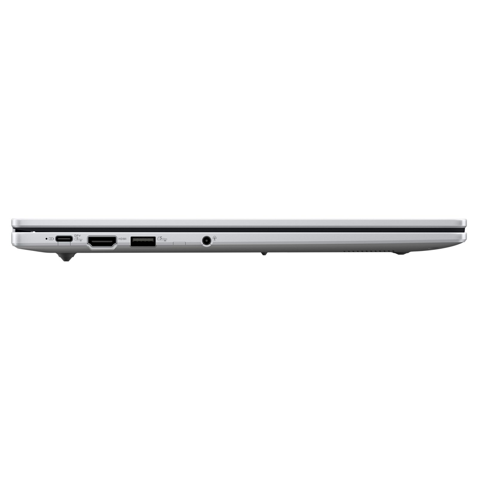 Linke Seite eines silbernen Laptops mit USB-C-, HDMI-, USB- und Klinkenanschluss.