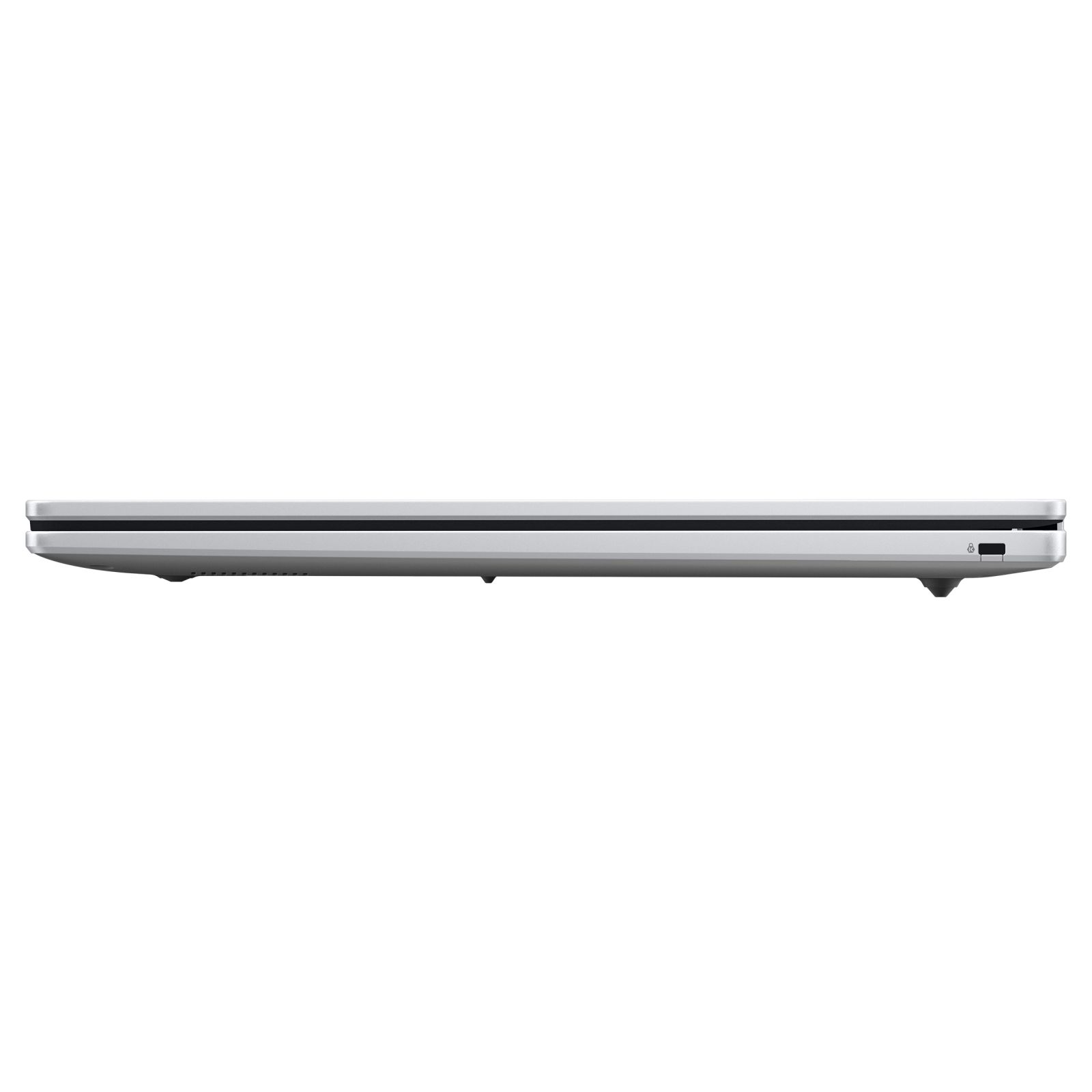 Seitenansicht eines geschlossenen silbernen Laptops auf weißem Hintergrund mit sichtbarem Anschluss.