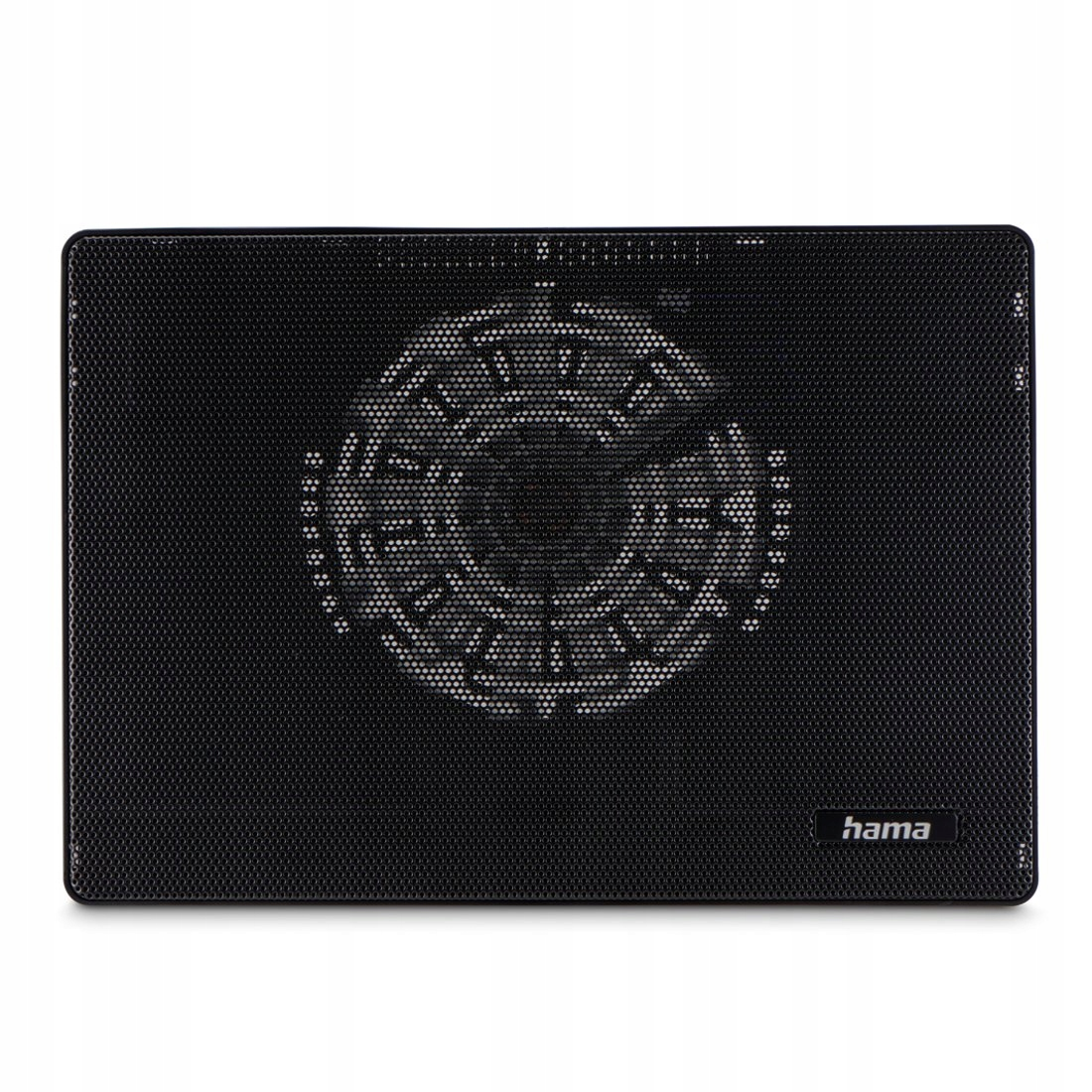 Ein schwarzes Hama Laptop-Kühlkissen mit Metallgitter und großem zentralen Lüfter vor weißem Hintergrund.