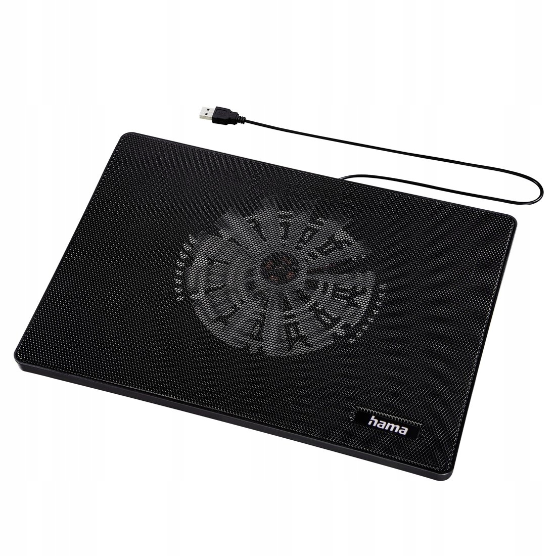 Schwarzes Hama Laptop-Kühlpad mit Mesh-Oberfläche und USB-Kabel auf weißem Hintergrund.
