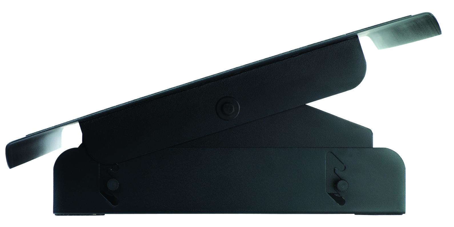 Eine schwarze, verstellbare Fußstütze auf einem hellen Hintergrund.