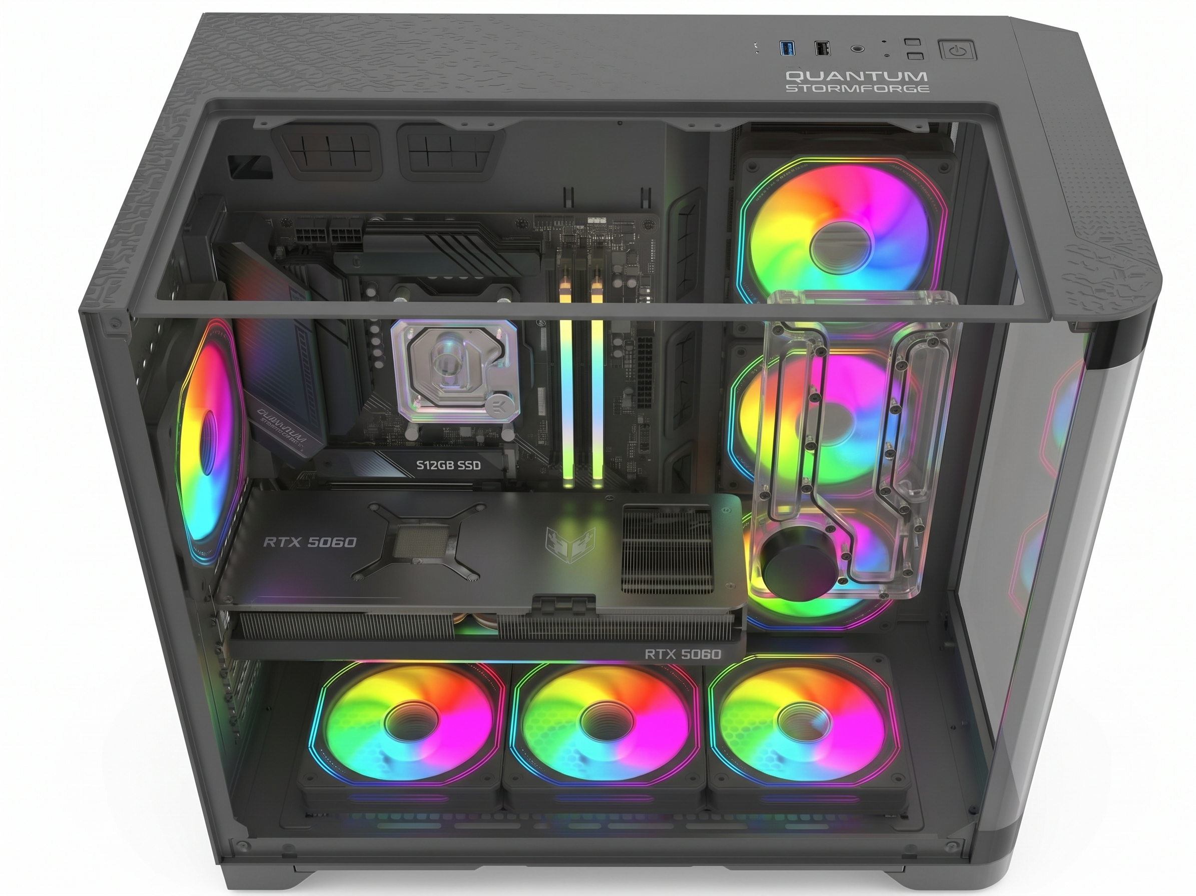 Fanlarda ve ekran kartında renkli RGB aydınlatmaya sahip oyun bilgisayarı.