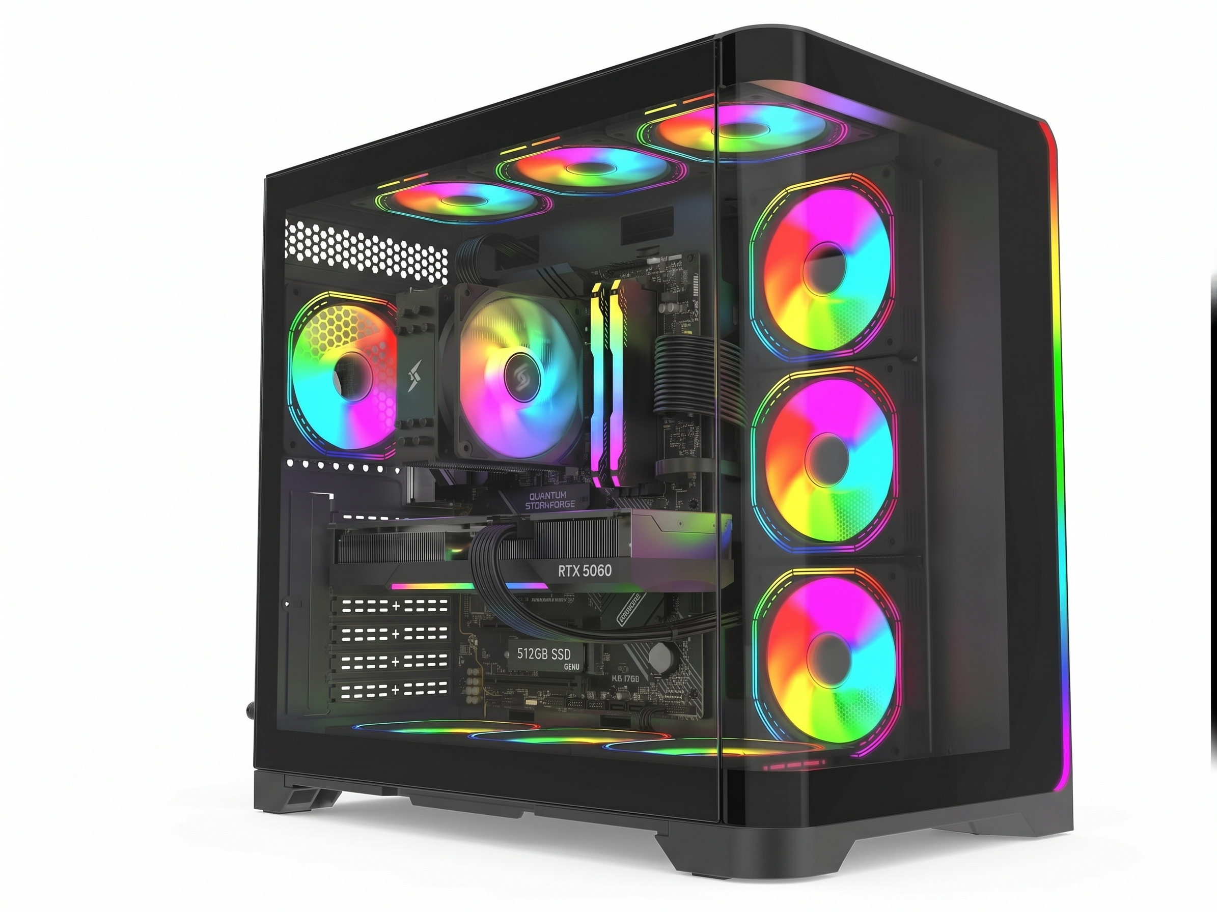 Cam yan panelli siyah bir masaüstü bilgisayar, renkli RGB fanları ve dahili bileşenleri gösteriyor.