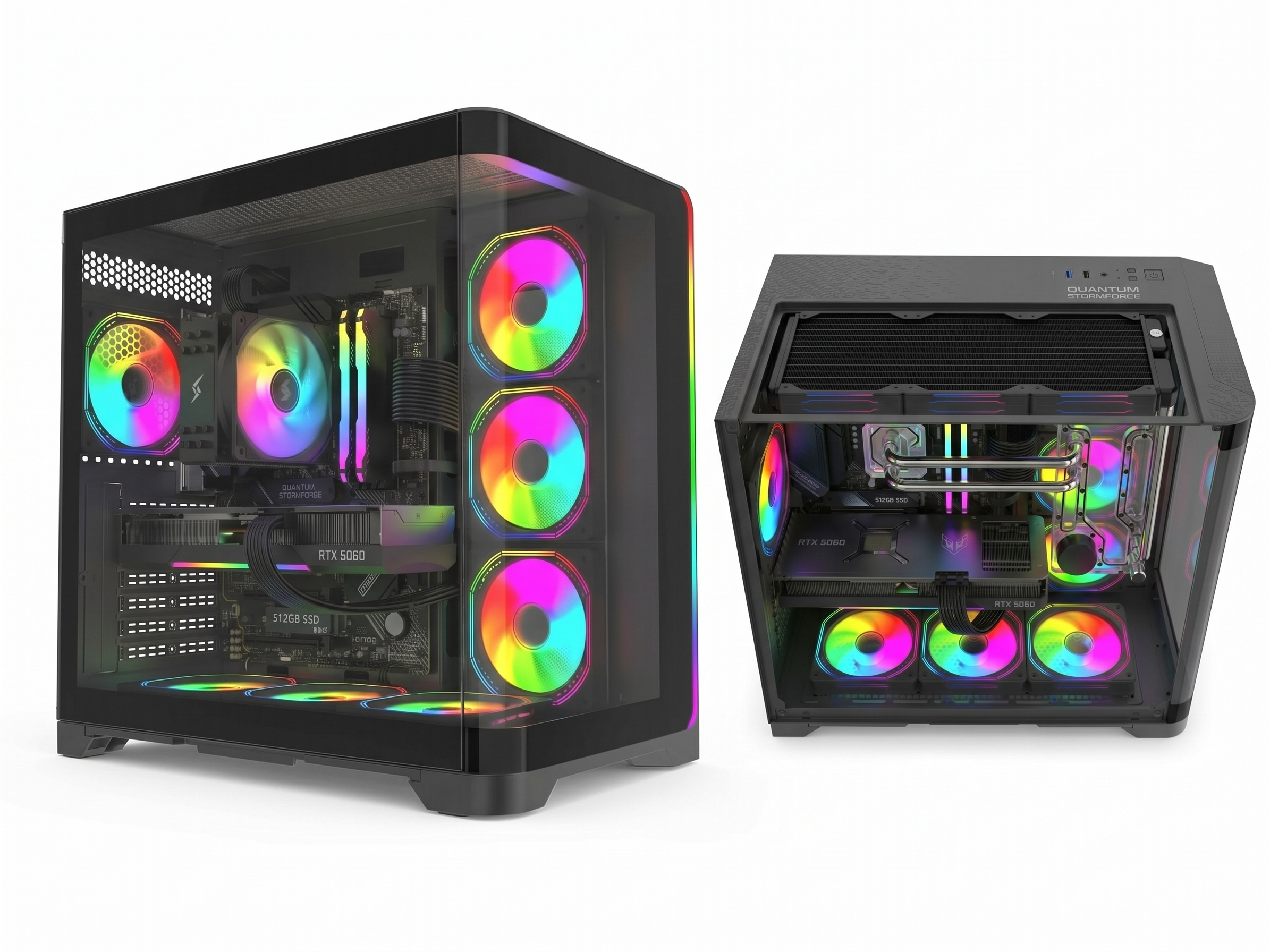 Fanlarda ve bileşenlerde canlı RGB aydınlatmaya sahip iki siyah oyun bilgisayarı kasası, beyaz arka planda.