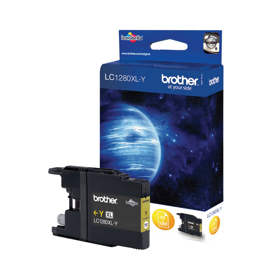Cartuccia d'inchiostro giallo Brother LC1280XL-Y davanti alla sua scatola blu a tema spaziale.