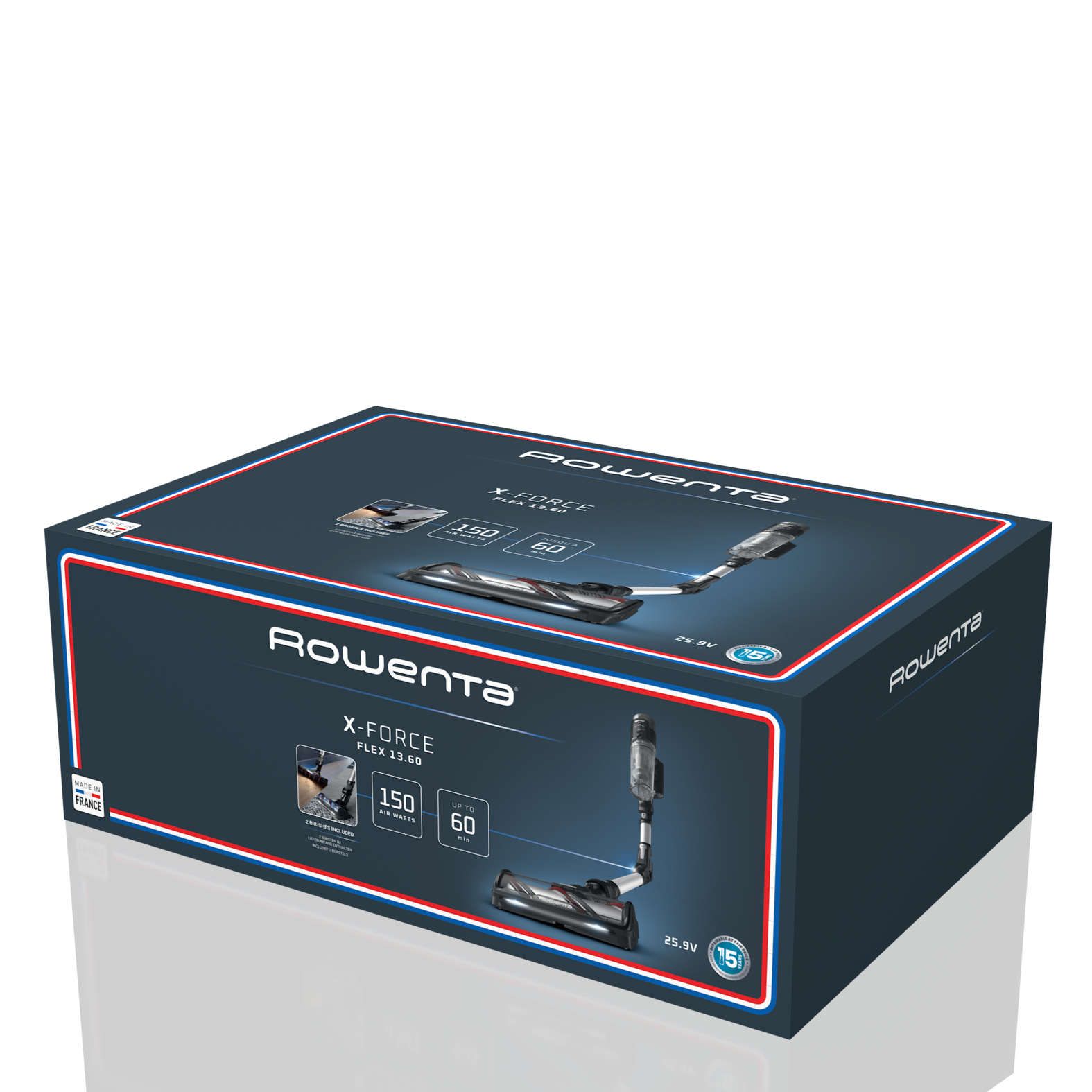 Boîte d'aspirateur Rowenta X-Force Flex 13.60 bleue avec images du produit.