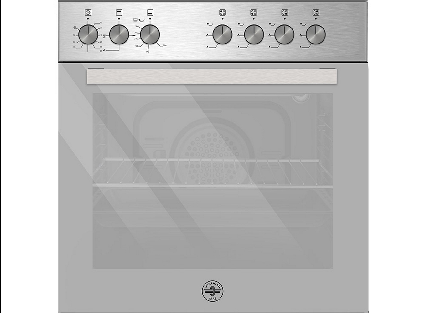 Vista frontale di un forno da incasso in acciaio inossidabile con sette manopole argentate e porta in vetro.