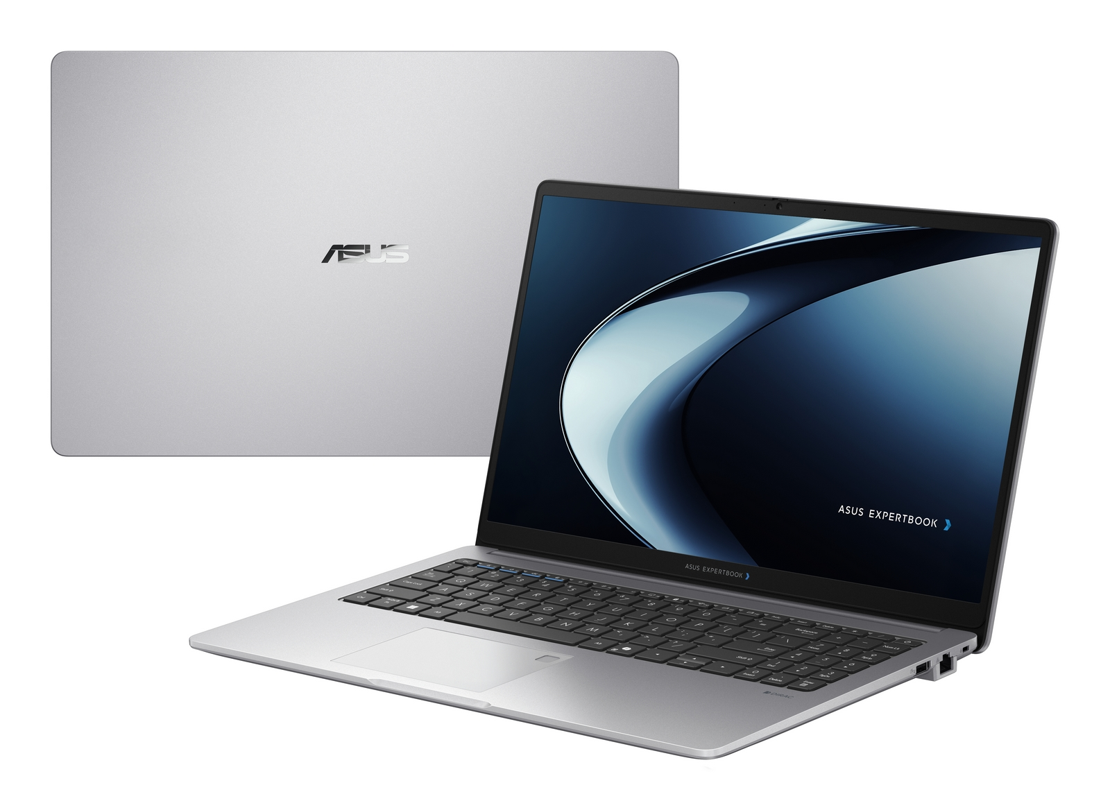 Laptop ASUS ExpertBook argento, aperto con schermo blu e chiuso con logo ASUS su sfondo bianco.