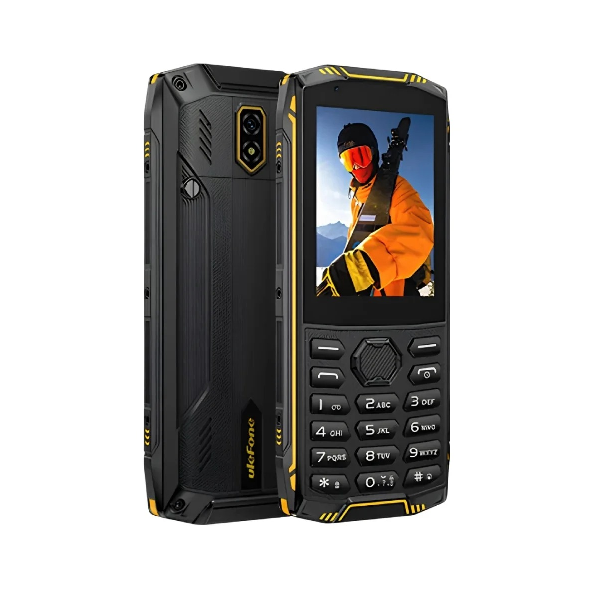 Un telefono robusto nero e giallo con uno schermo che mostra uno sciatore.