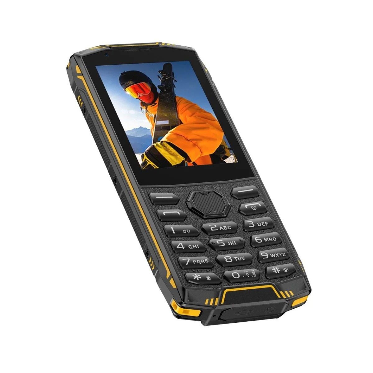 Un telefono cellulare robusto nero e giallo mostra uno sciatore in abito arancione sullo schermo.