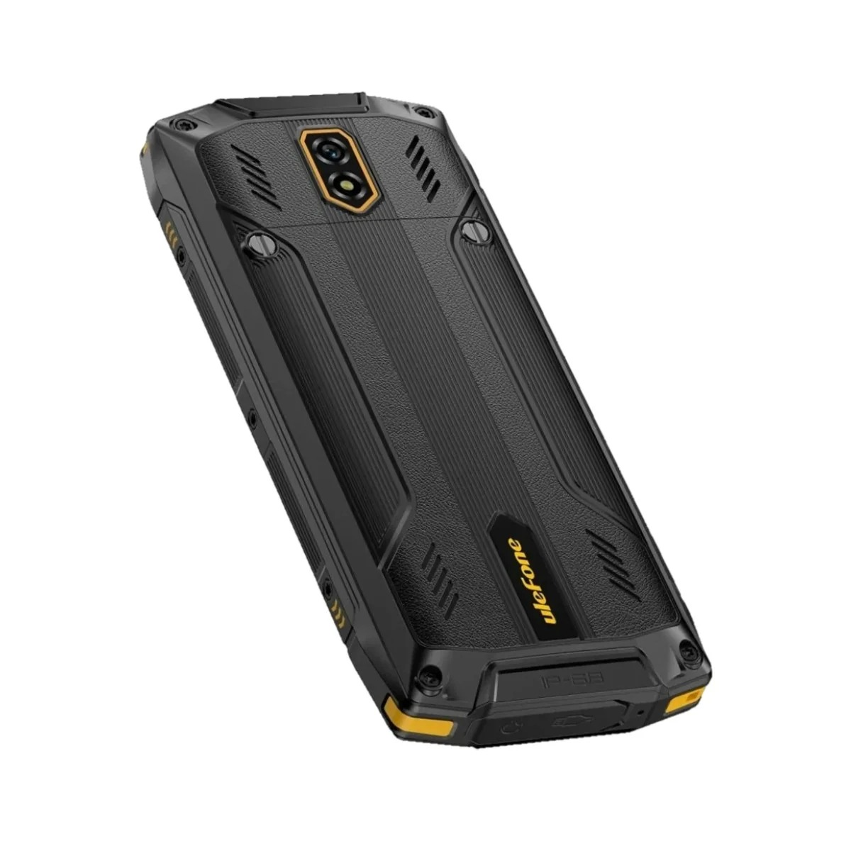 Uno smartphone nero robusto con doppia fotocamera, pannello posteriore testurizzato e dettagli gialli.