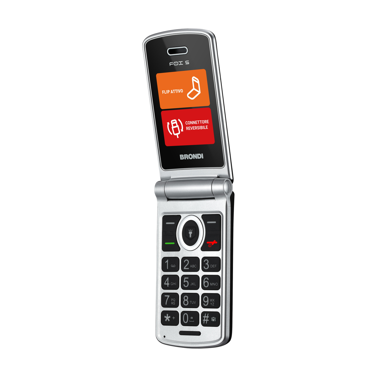 Un telefono cellulare a conchiglia Brondi argento con schermo aperto che mostra un menu arancione e rosso.