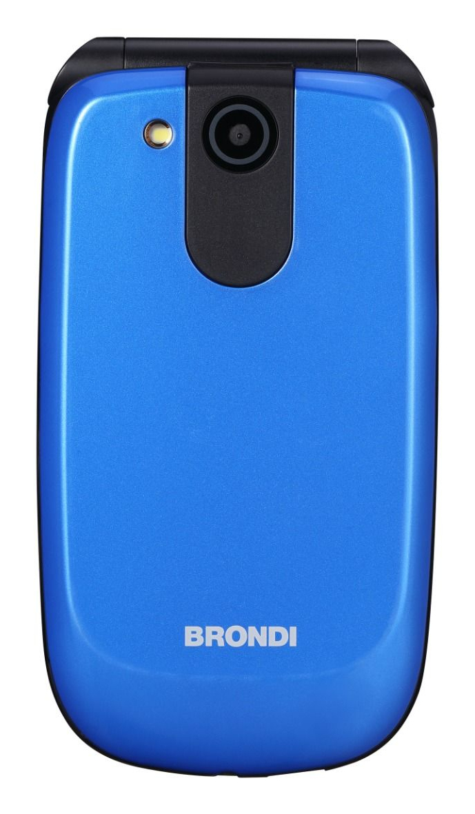 Retro di un cellulare a conchiglia blu con fotocamera, flash e logo Brondi.