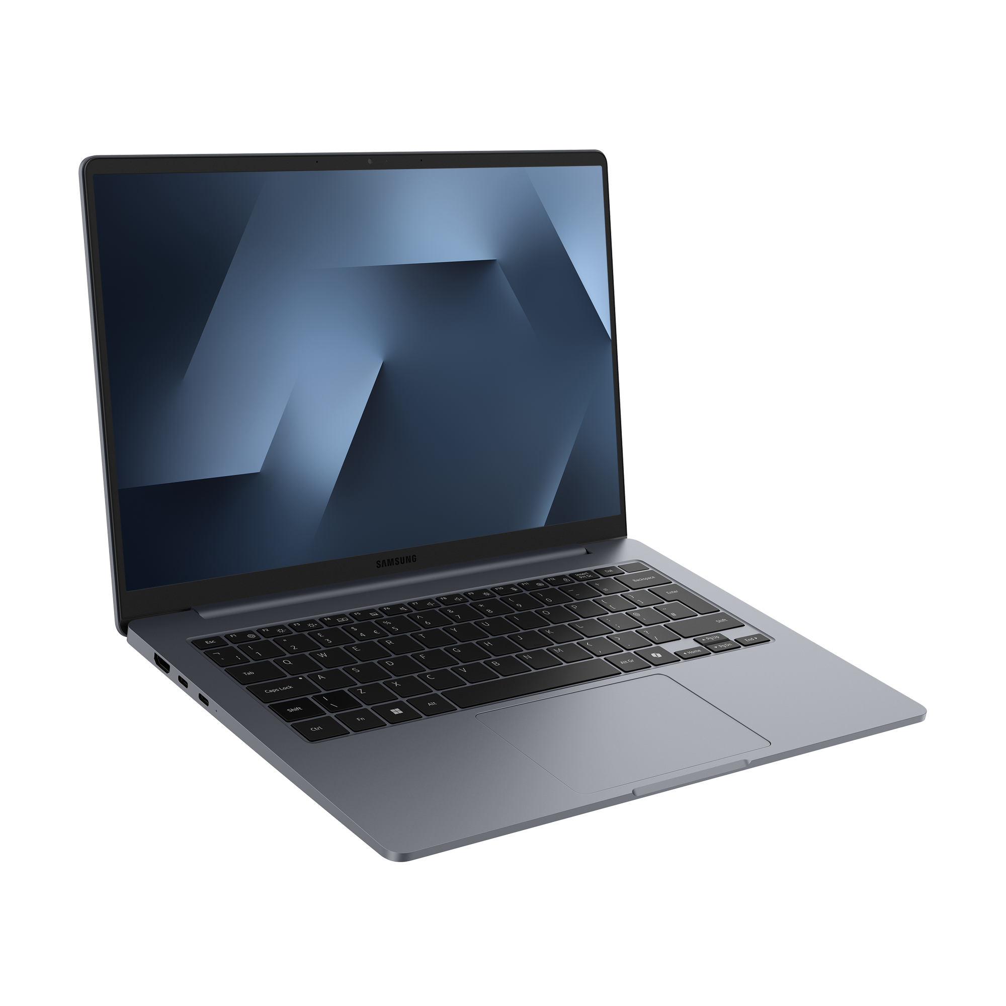 Szary laptop Samsung z włączonym ekranem na białym tle.