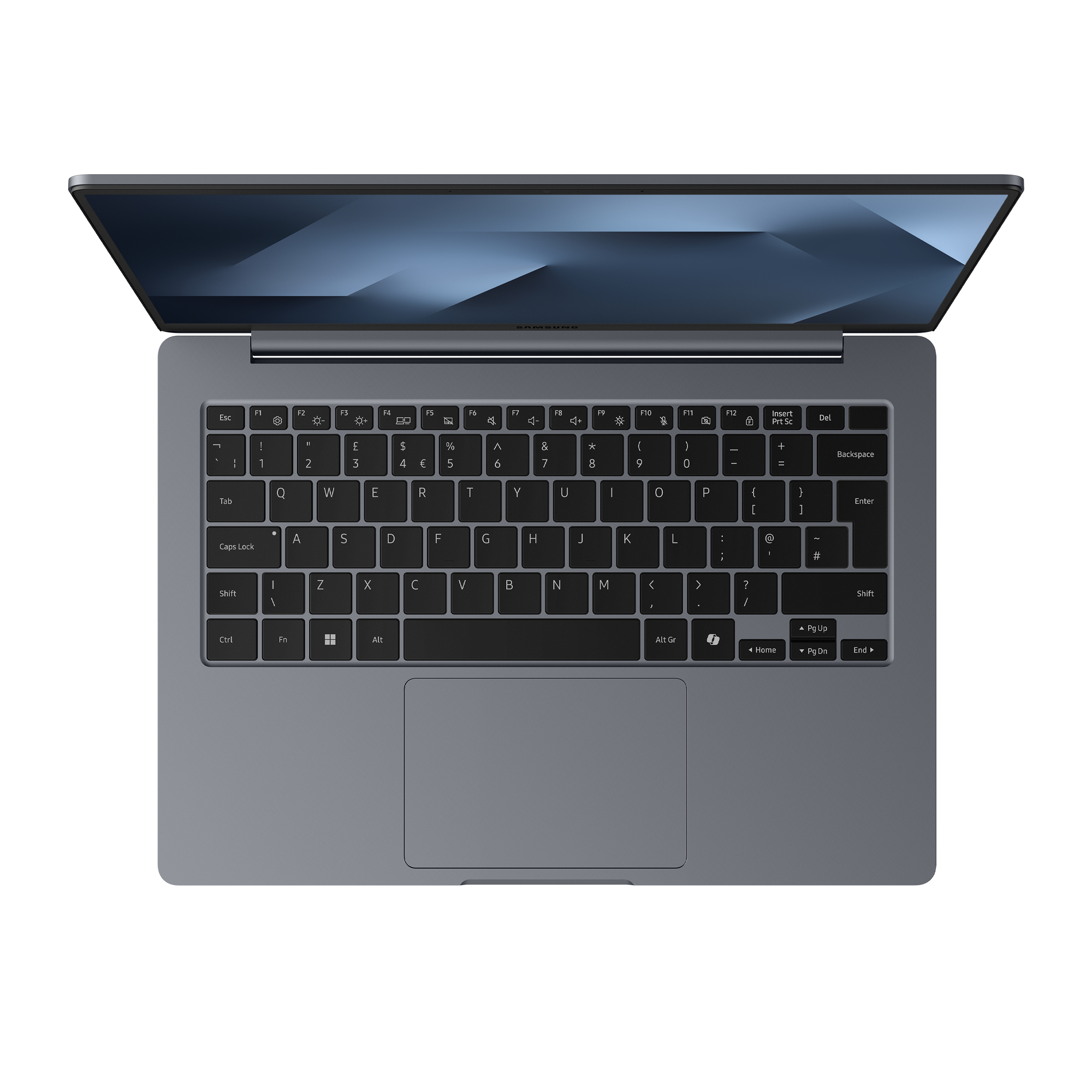 Widok z góry na szary laptop z otwartym ekranem i czarną klawiaturą.