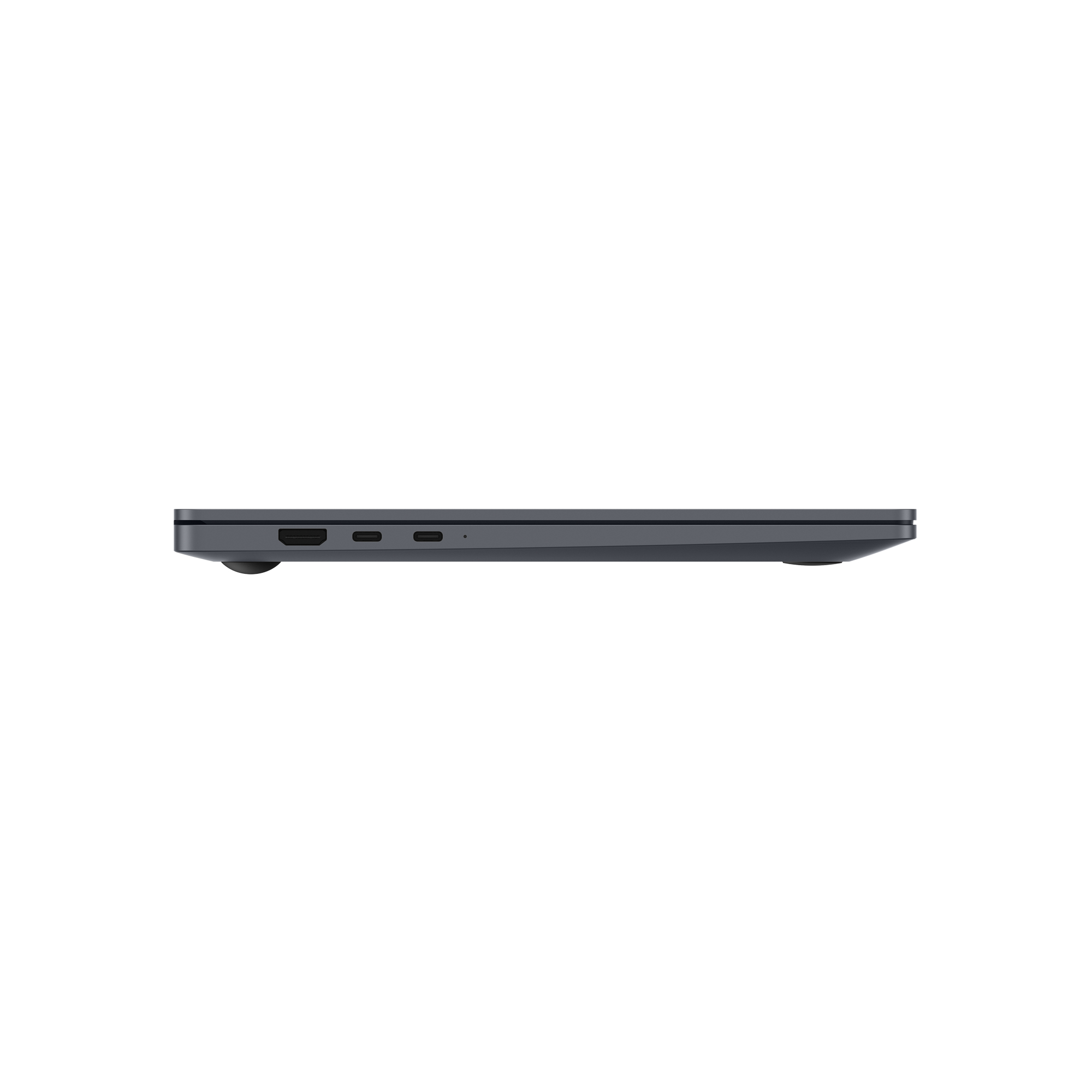 Widok z boku cienkiego ciemnoszarego laptopa z portami HDMI i USB-C na białym tle.