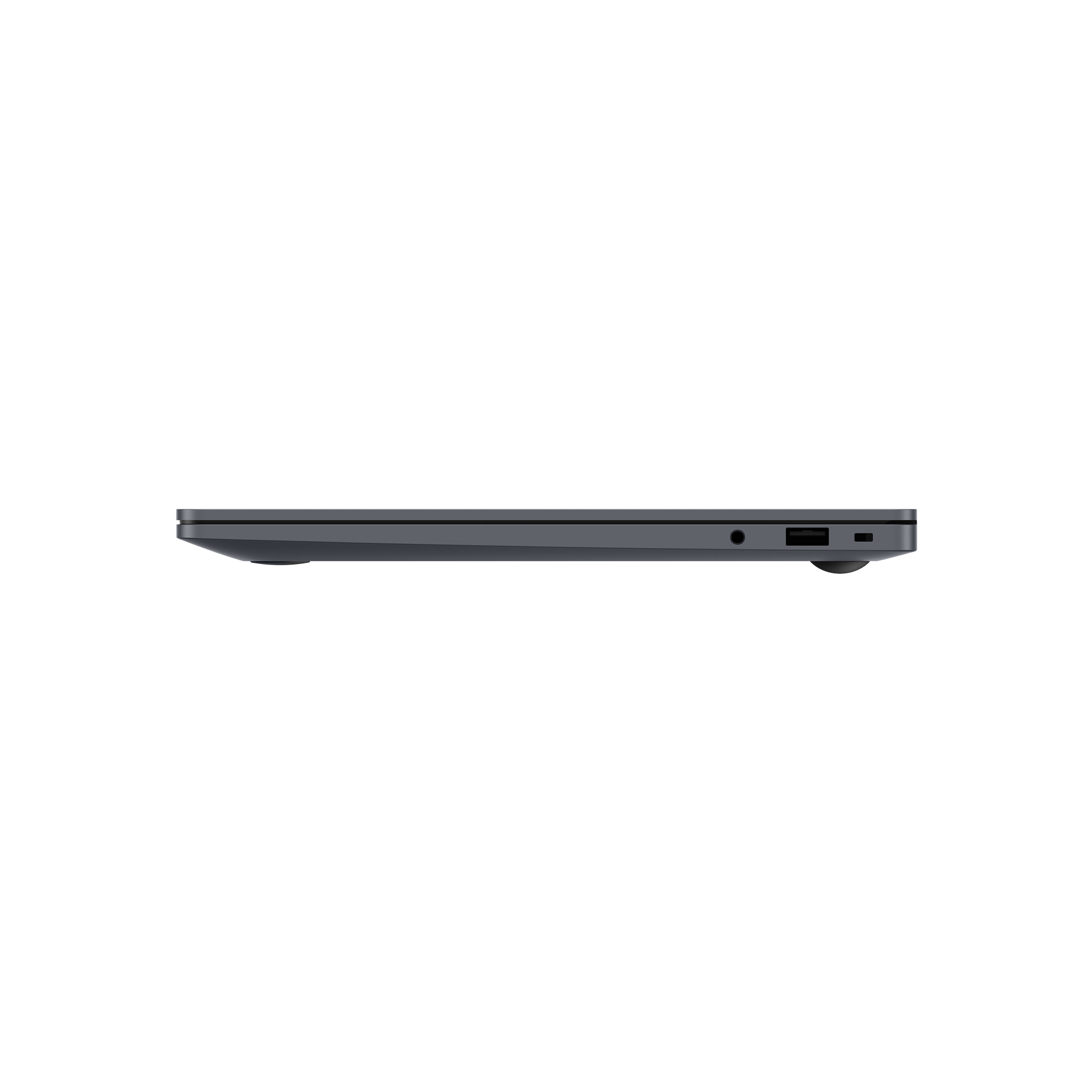 Widok z boku zamkniętego ciemnego laptopa z portem USB i gniazdem słuchawkowym na białym tle.