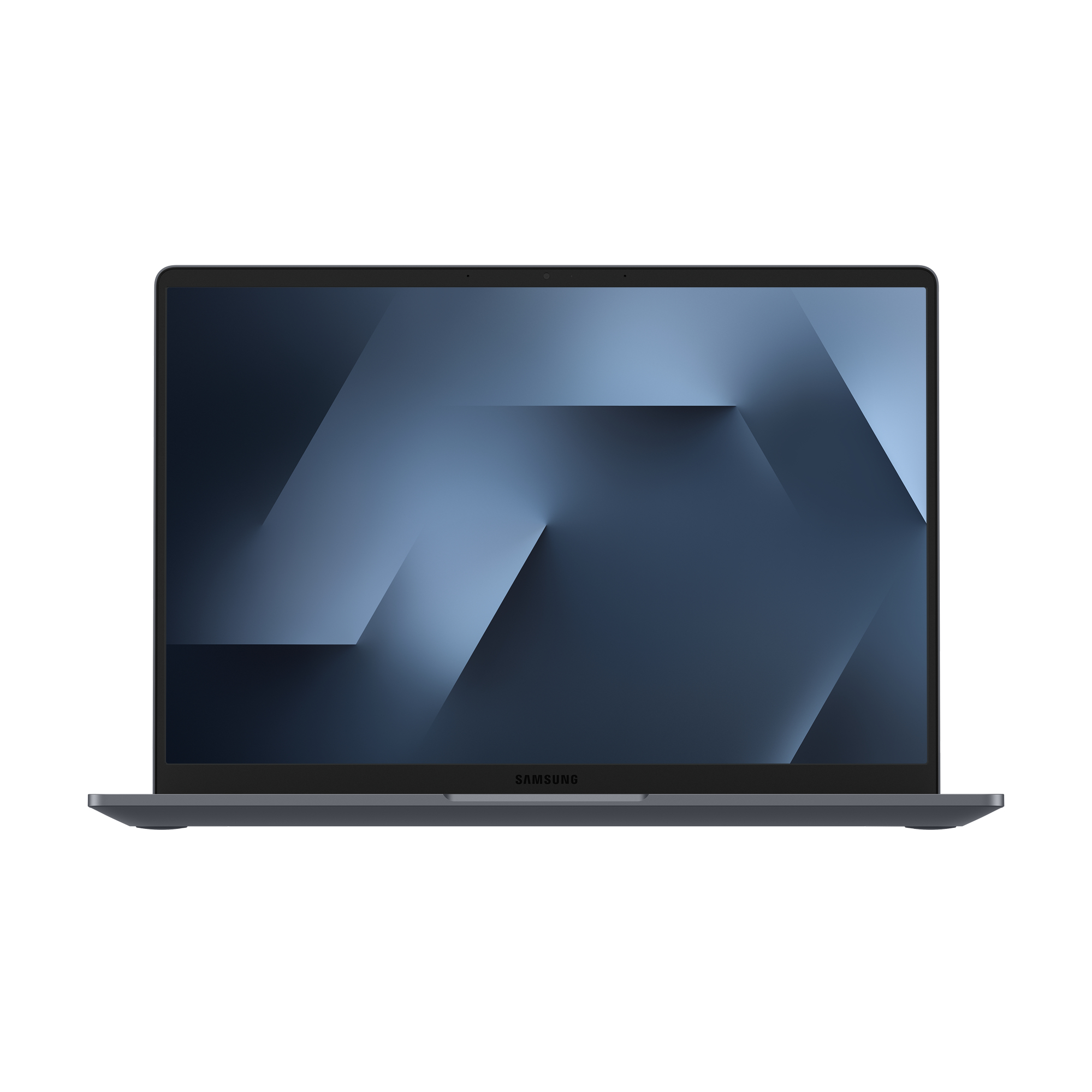 Zamknięty szary laptop Samsung wyświetla abstrakcyjny niebieski ekran.