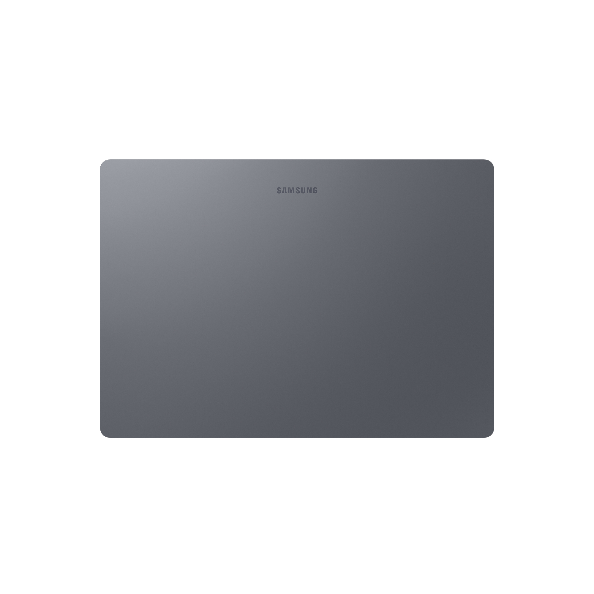 Zamknięty szary laptop Samsung widziany od góry na białym tle.