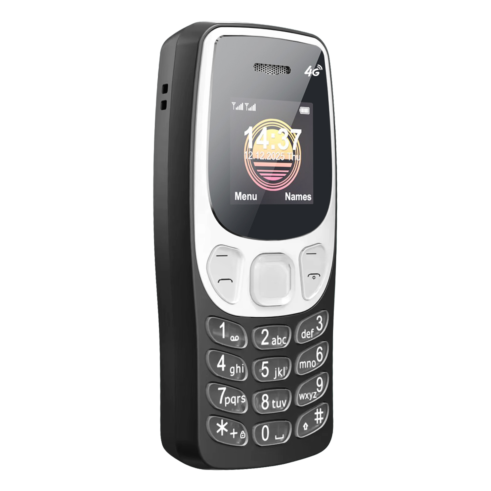 Un telefono cellulare nero con pannello frontale bianco e schermo a colori.