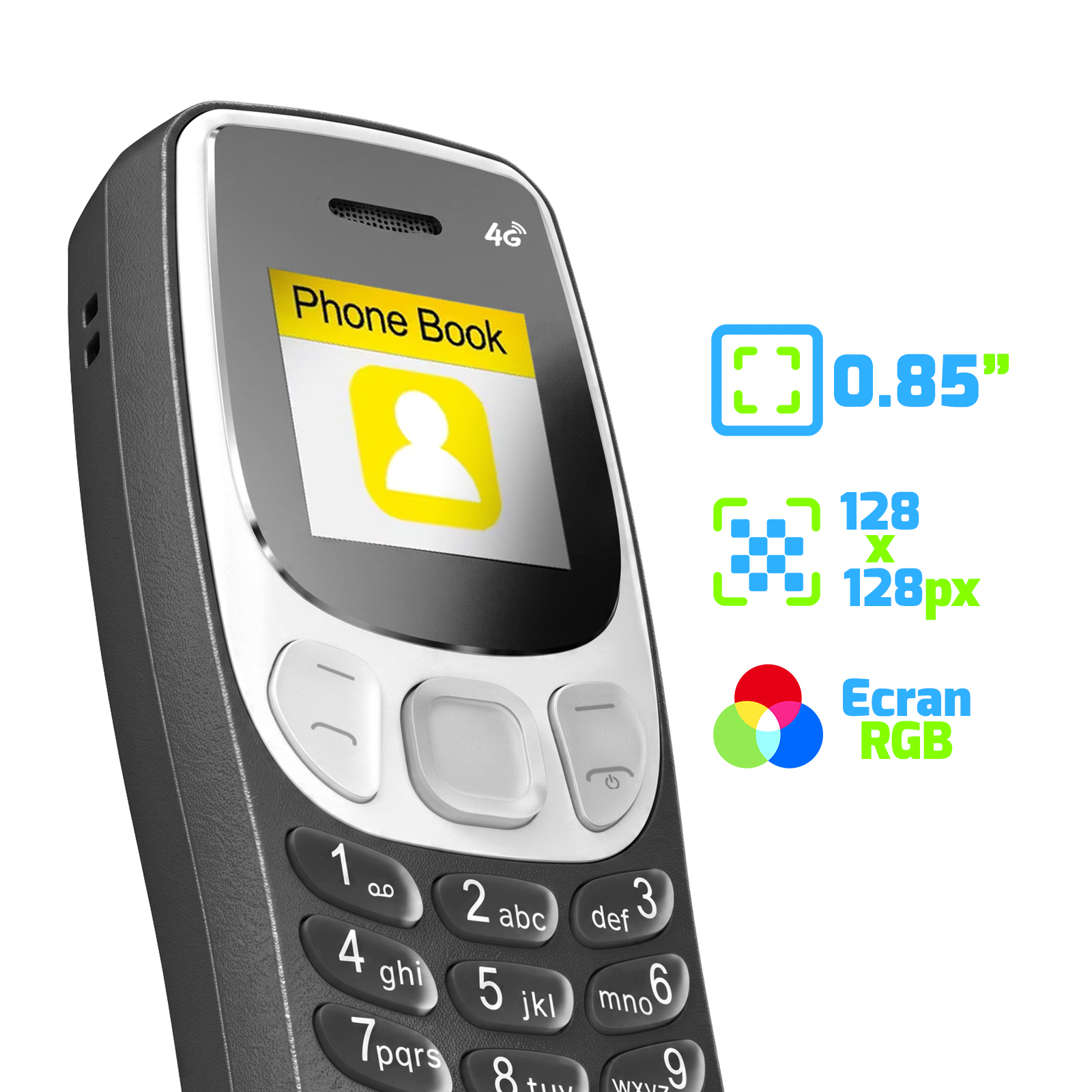 Un telefono cellulare nero che mostra 'Phone Book' sullo schermo, con icone per 0.85 pollici, 128x128px e schermo RGB.