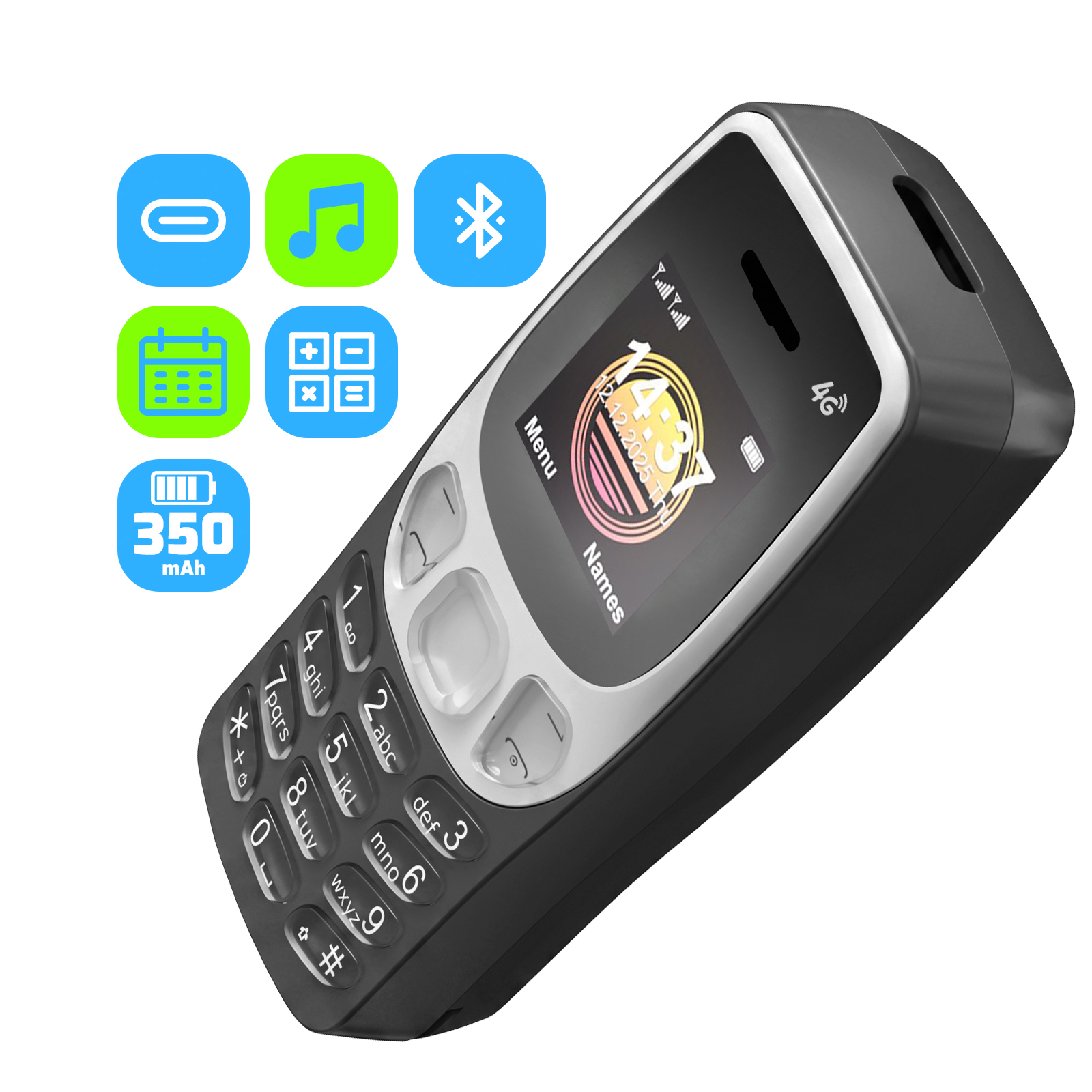 Un telefono cellulare classico nero e argento con icone colorate e batteria da 350 mAh.