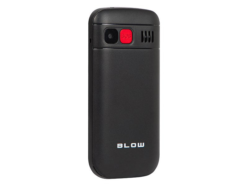 Retro di un cellulare nero con tasto SOS rosso, fotocamera e logo BLOW.