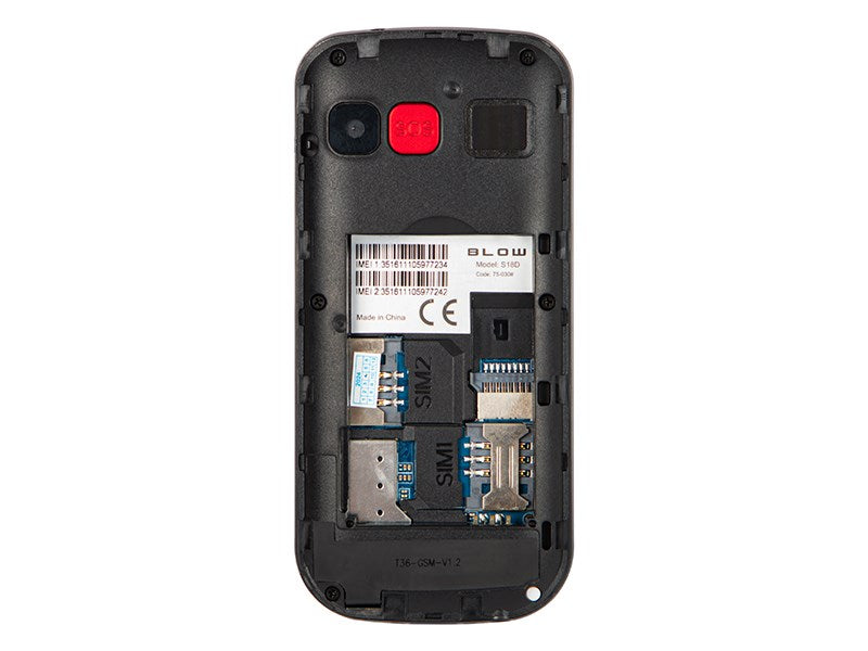 Il retro di un telefono cellulare aperto mostra gli slot per schede SIM e un pulsante SOS rosso.