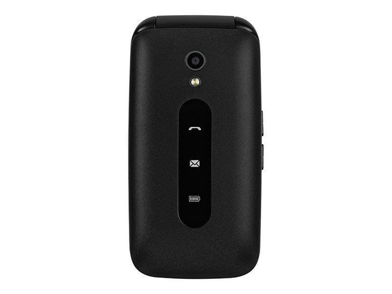 Vista posteriore di un telefono cellulare nero con fotocamera, flash e display verticale con icone di chiamata e messaggi.