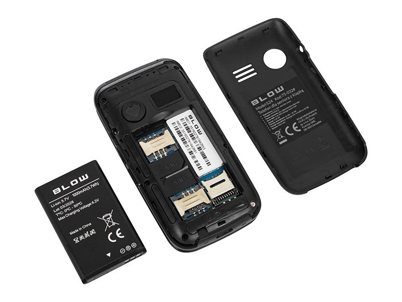 Cellulare smontato con batteria, slot per SIM e cover posteriore rimossa su sfondo bianco.