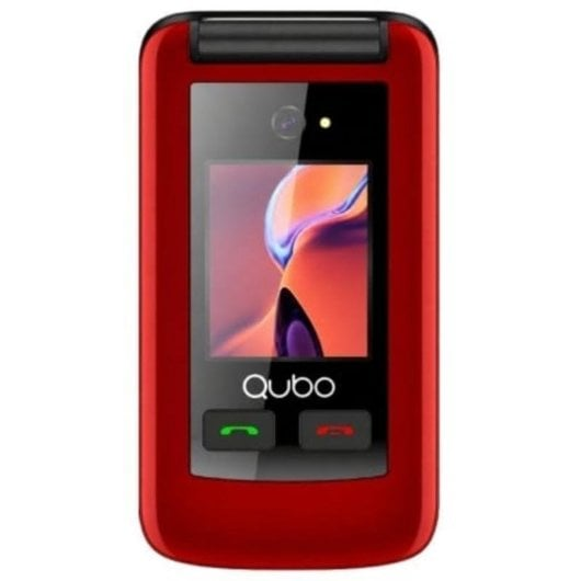 Un cellulare a conchiglia rosso Qubo con display esterno, fotocamera e due pulsanti.