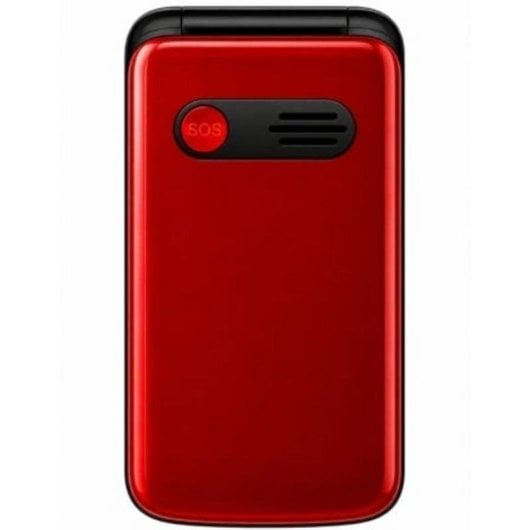 Un telefono cellulare a conchiglia rosso chiuso con un pulsante SOS e un altoparlante sul retro.