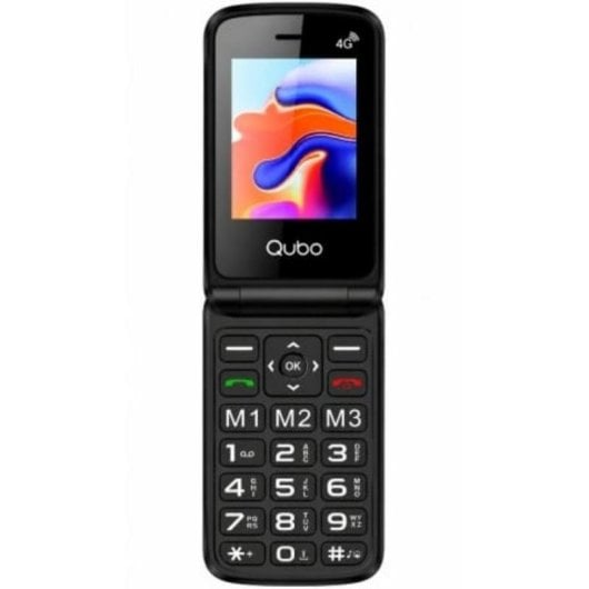 Un telefono a conchiglia nero Qubo con tastiera grande e schermo colorato.