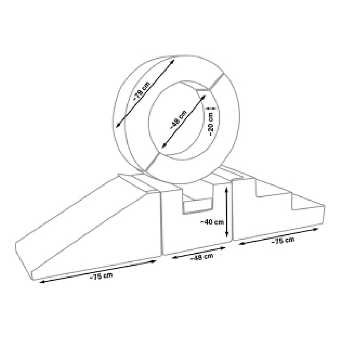 Technische Skizze eines großen hohlen Rings auf einer polygonalen Basis mit Bemaßungen.