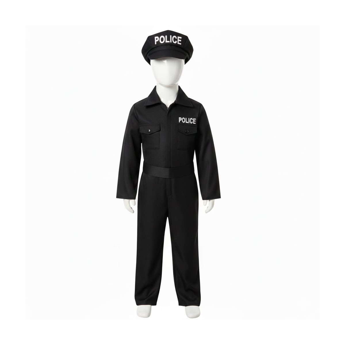 Ein weißer Mannequin zeigt ein schwarzes Polizeikostüm mit Mütze vor weißem Hintergrund.