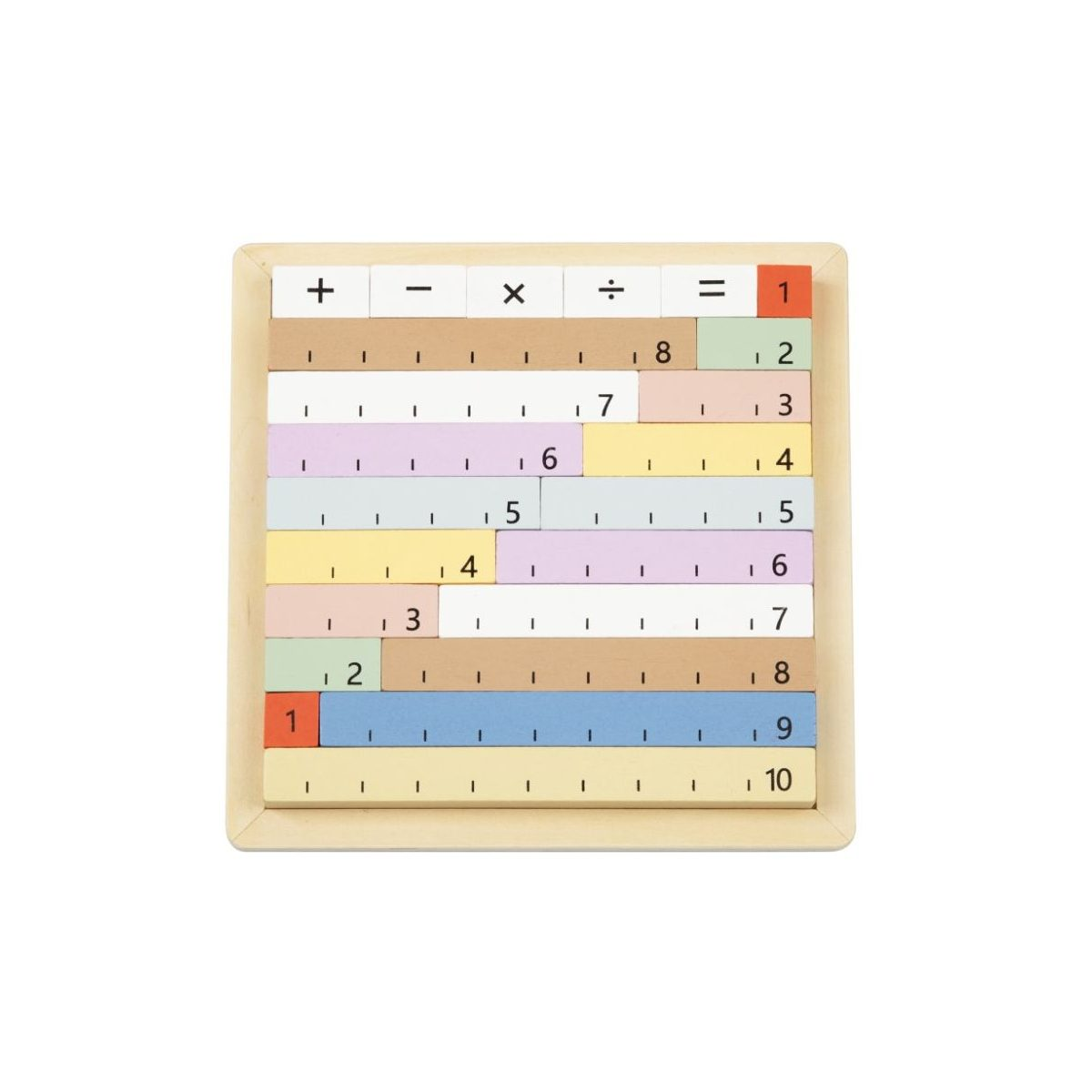 Ein hölzernes Mathe-Puzzlespiel mit bunten nummerierten Blöcken und Mathe-Symbolen in einem Holzrahmen auf Weiß.