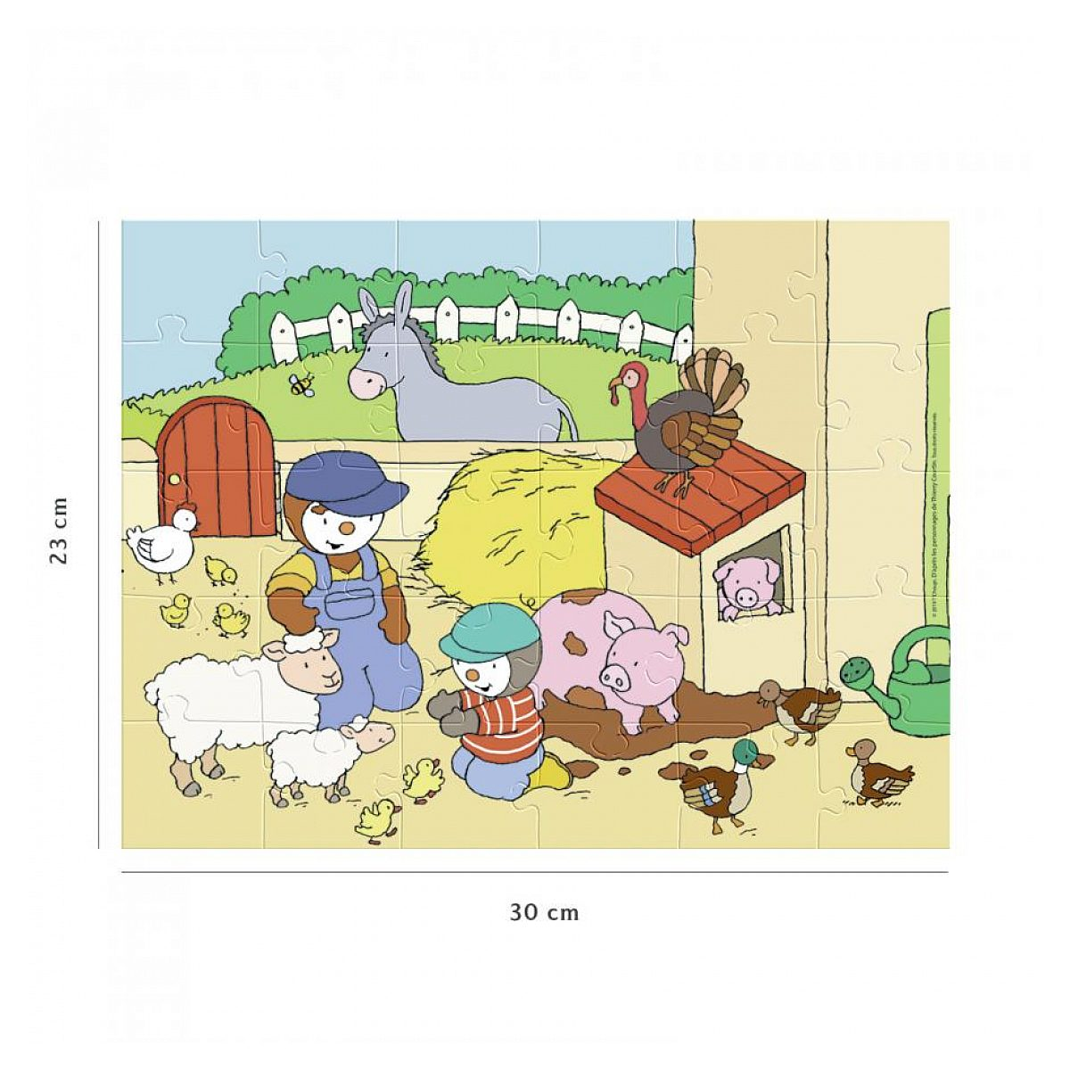 Ein farbenfrohes Bauernhof-Puzzle mit Kindern, Esel, Schafen, Schweinen, Enten und Truthahn auf einem Hof.