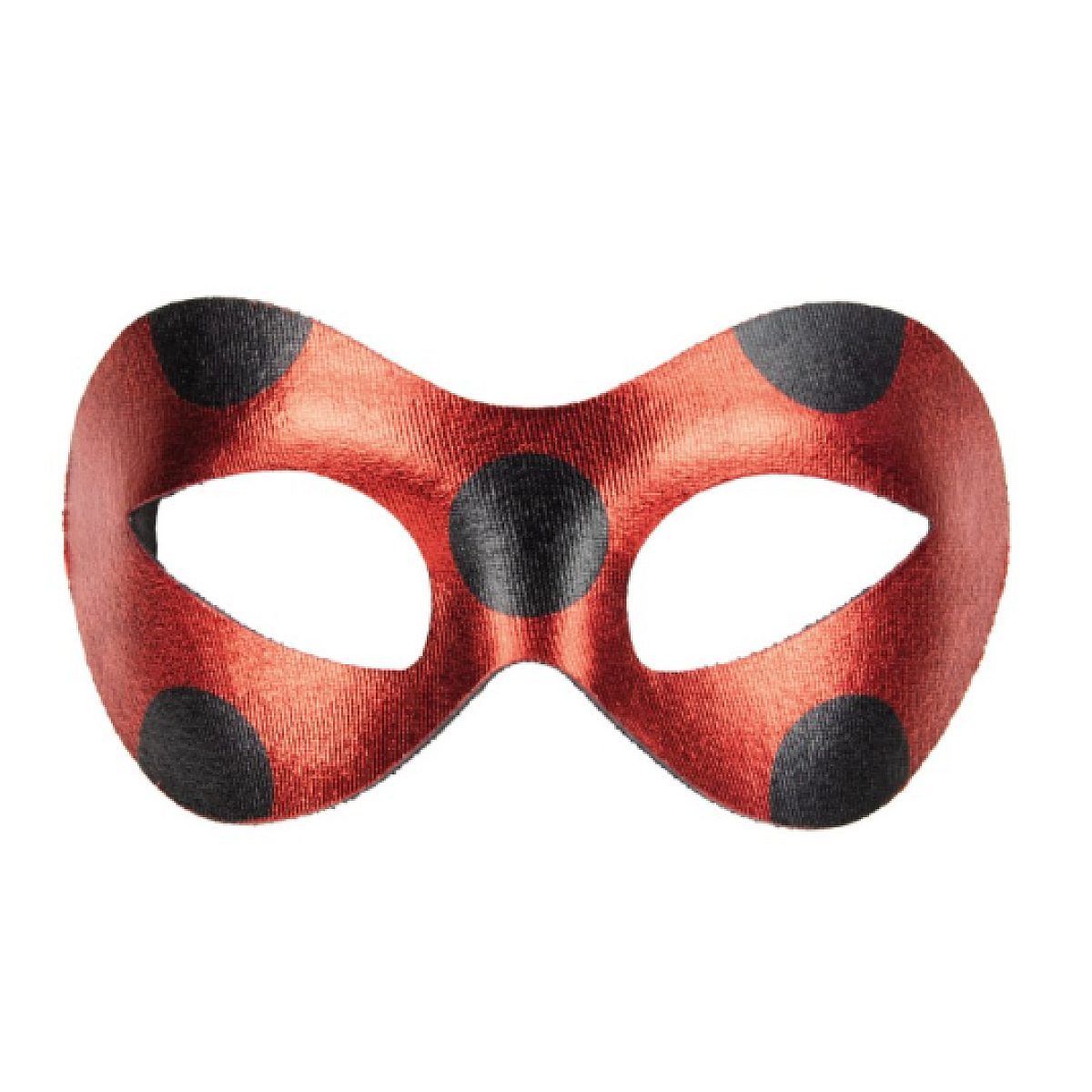 Eine rote Karnevalsmaske mit schwarzen Punkten im Marienkäfer-Design auf weißem Hintergrund.