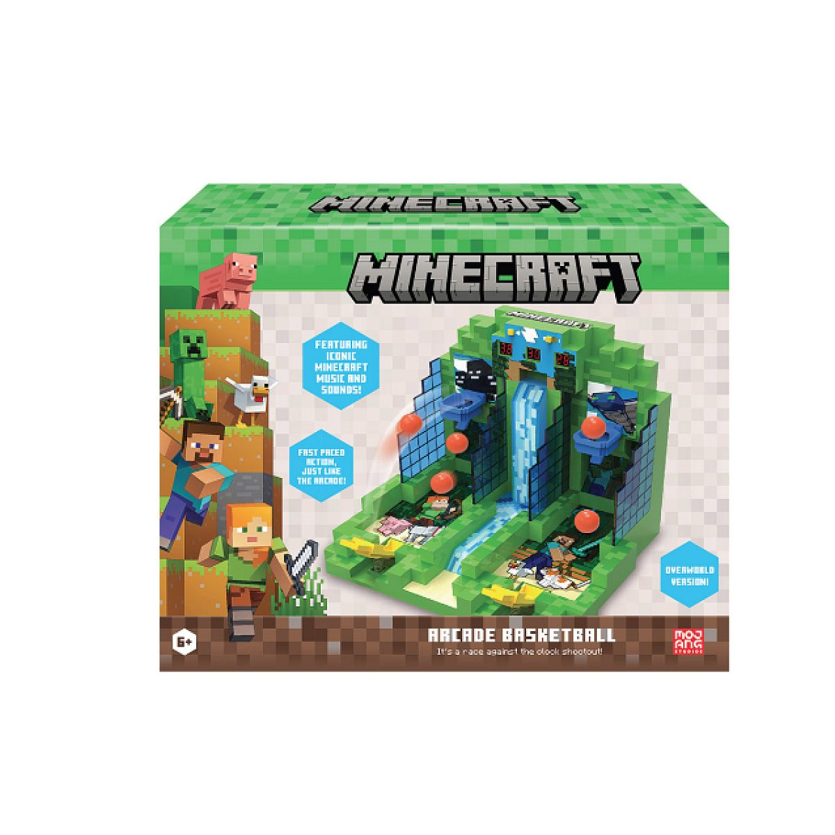 Verpackung für ein Minecraft Arcade-Basketballspiel mit Charakteren und pixeligen grünen Designs.