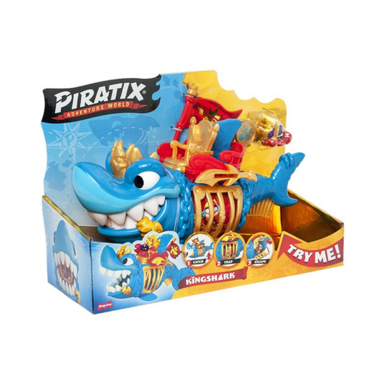 Barco de tiburón de juguete llamado King Shark en un empaque colorido.