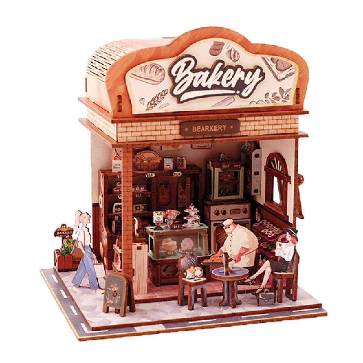 Miniatur-Holzbäckerei mit Figuren, Backwaren und Regalen in einem detailreichen, offenen Diorama.