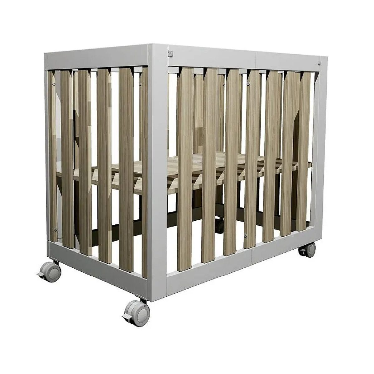 Ein weißes Babybett aus Holz mit vertikalen Stäben und Rädern.