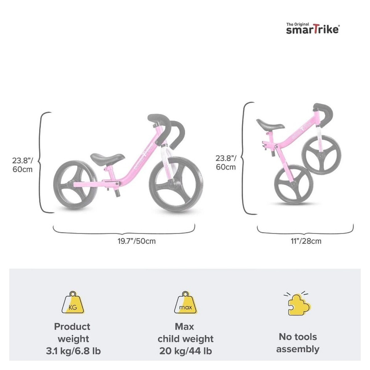 Diagramm zeigt Abmessungen und Gewichtsdaten eines rosa Smartrike Laufrads.