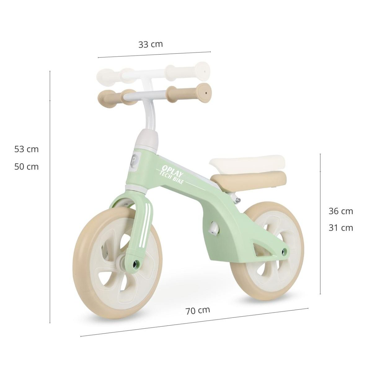 Grünes Kinderlaufrad mit beige Reifen und Maßen auf weißem Hintergrund.