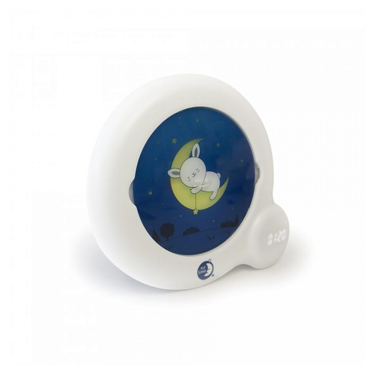 Ein weißer Kinderwecker mit einer runden Blende zeigt einen schlafenden Hasen auf einem gelben Mond bei Nacht.