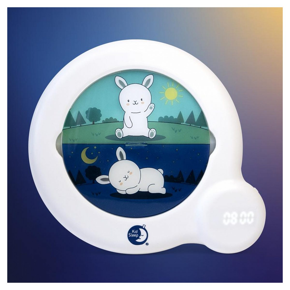 Weißer KidSleep Wecker mit Tag- und Nacht-Hasen-Illustration.