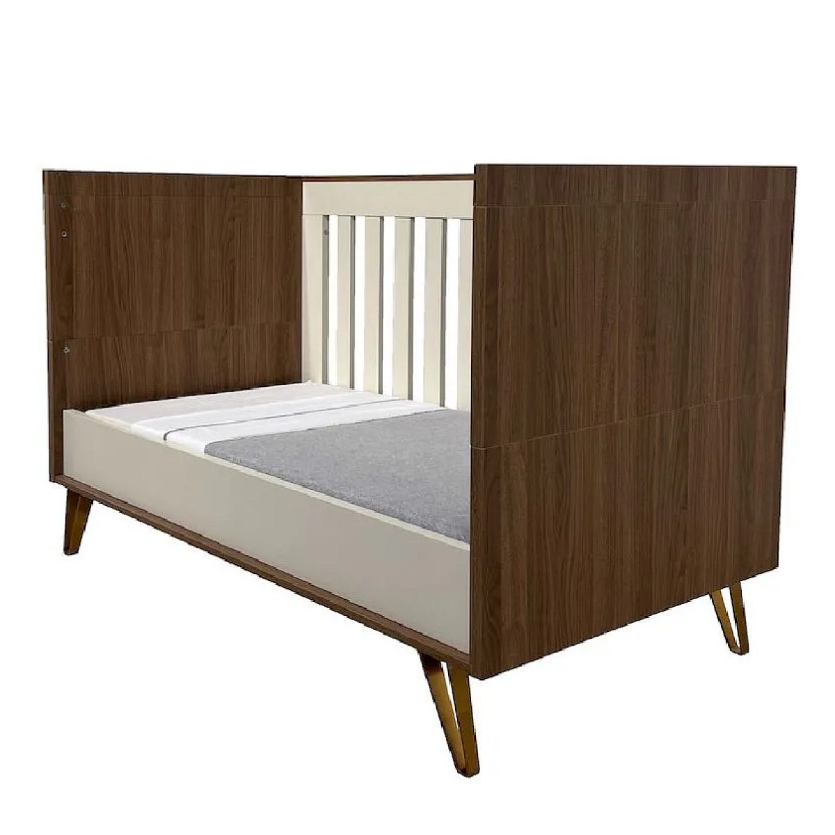 Moderne Holzbett mit Metallbeinen, weißem Rahmen und integrierter Matratze auf weißem Hintergrund.