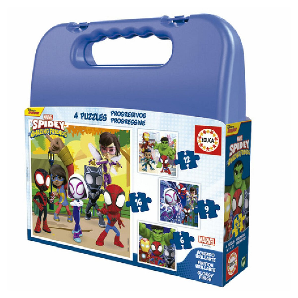 Ein blauer Koffer mit Spidey und seinen Superhelden-Freunden als 4 progressive Puzzles.