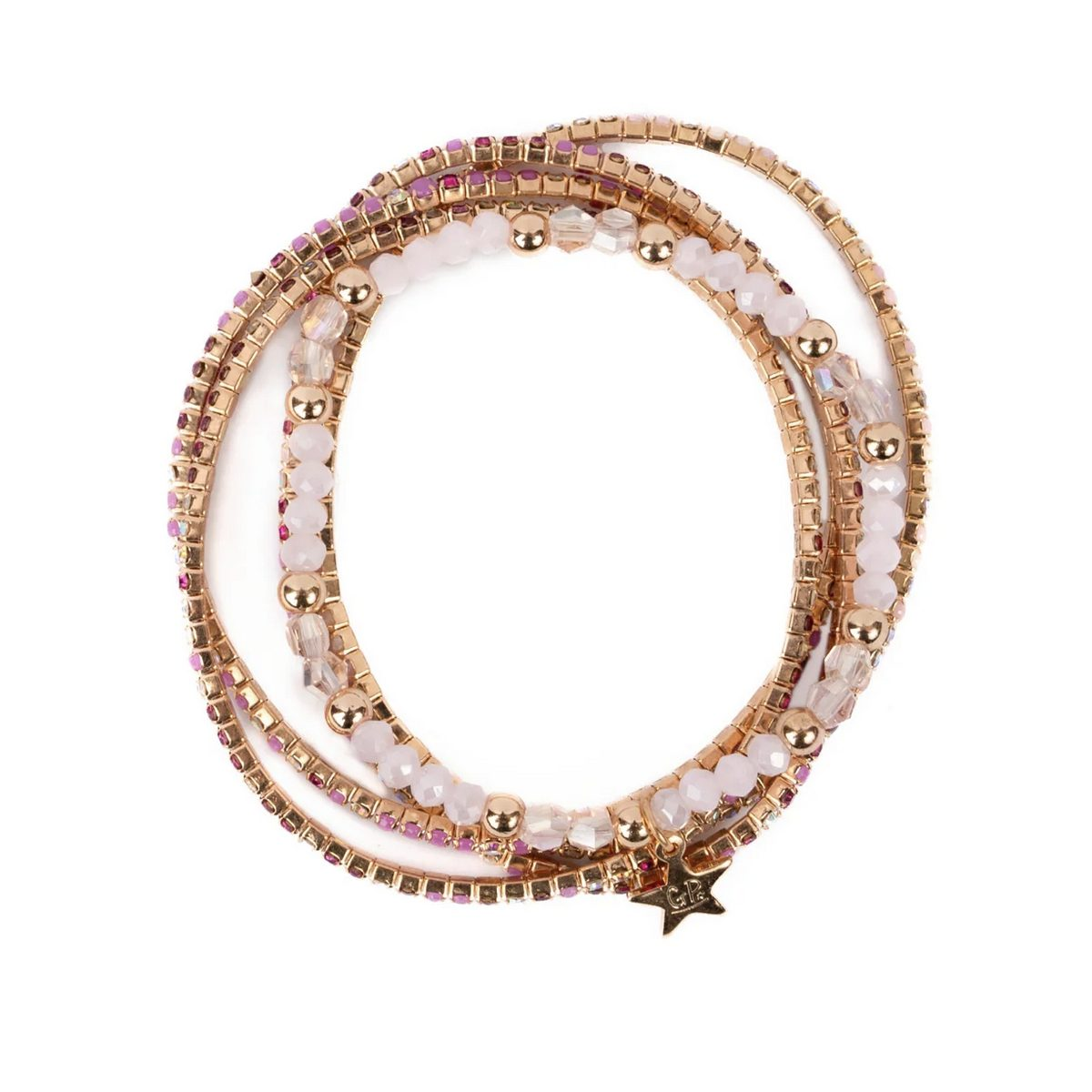 Vier mehrfädige Armbänder mit goldenen Kettchen, rosa Perlen und Strasssteinen.