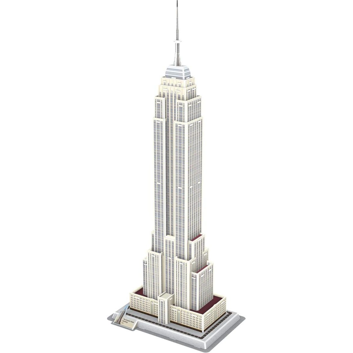 Modell des Empire State Building in Weiß und Grau mit Antennenspitze auf einer runden Basis vor weißem Hintergrund.